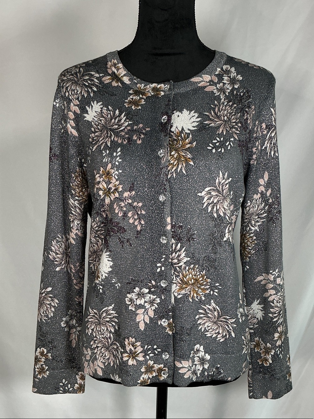 Charter Club Cardigan Sweater Gray Silver Flowers Size Large